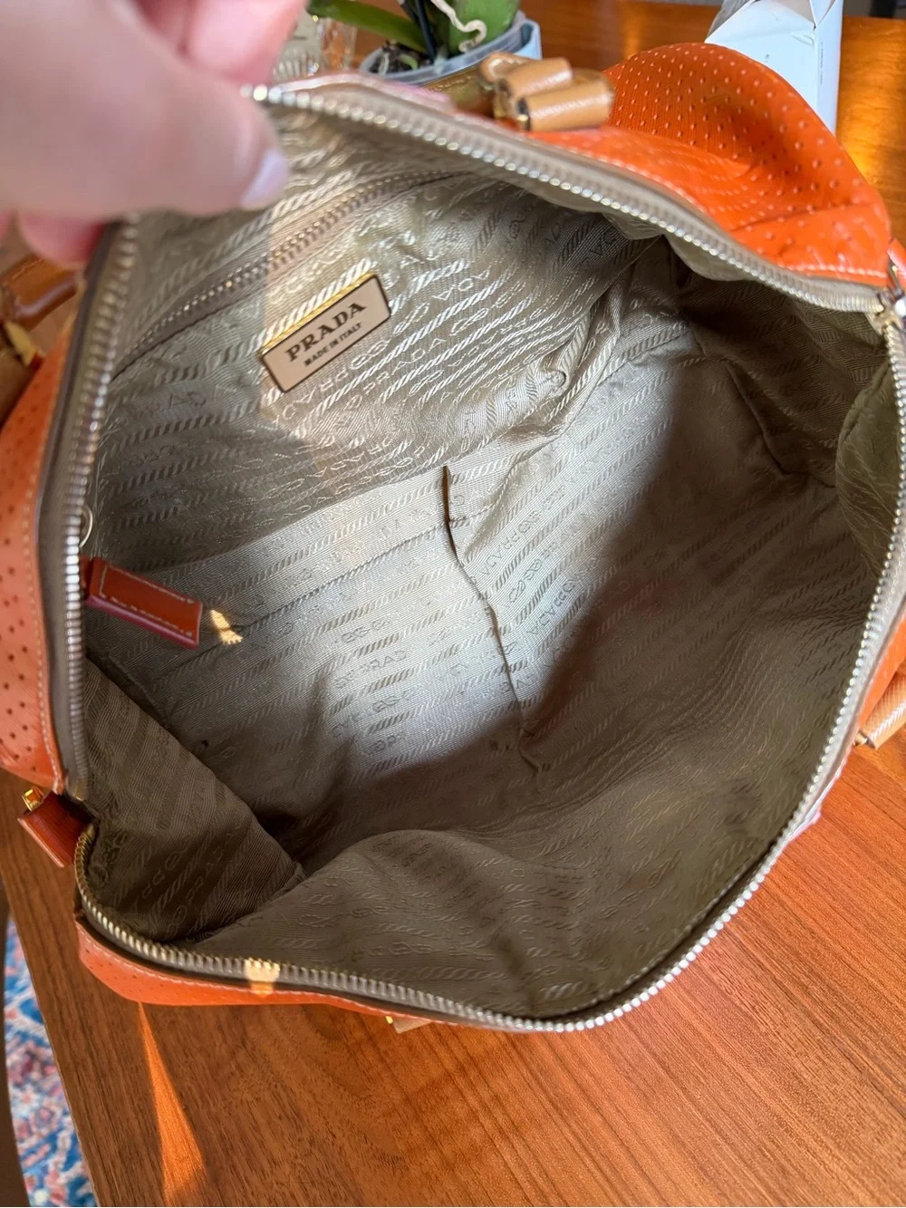 Prada Orange and Pink Perforated Saffiano Leather Boston Bag